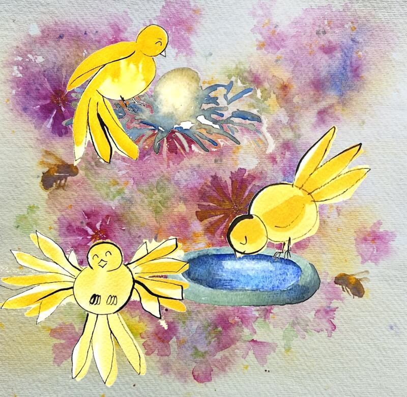 Ik maakte in opdracht losse vogeltjes voor bij het wiegeliedje Saartje. Hier een collage van enkele vogeltjes en een achtergrond.
Joyce van Paassen © 2024