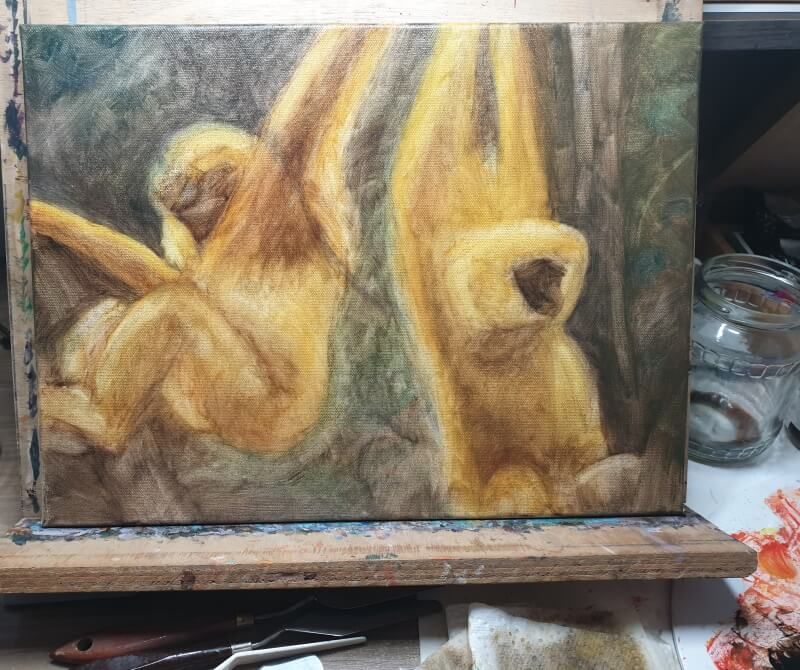 Tweede olieverflaag, 2 apen