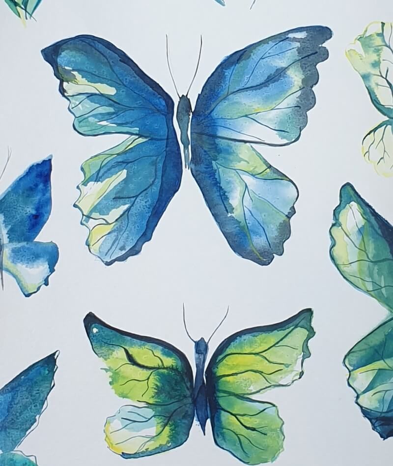 Vlinders fantasie aquarel blauw/groen