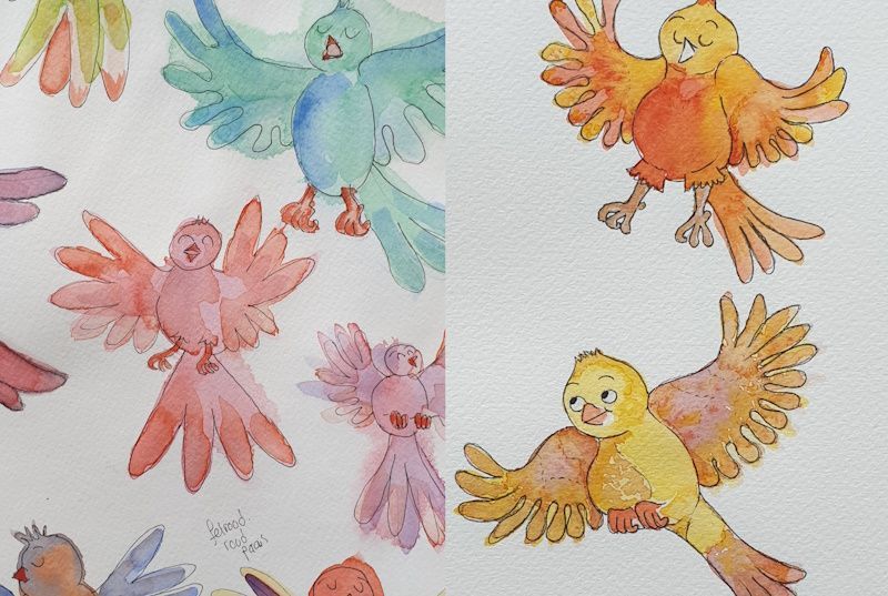 Verkenning van de vogeltjes met behulp van aquarelverf en de uiteindelijke versie zoals gebruikt in de Youtube video.