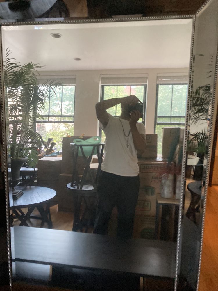 Person taking a photo reflected in a tall rectangular mirror. Windows and plants in the background.