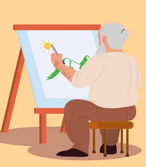 An elderly person seated, painting a landscape with green mountains and a sun on an easel.