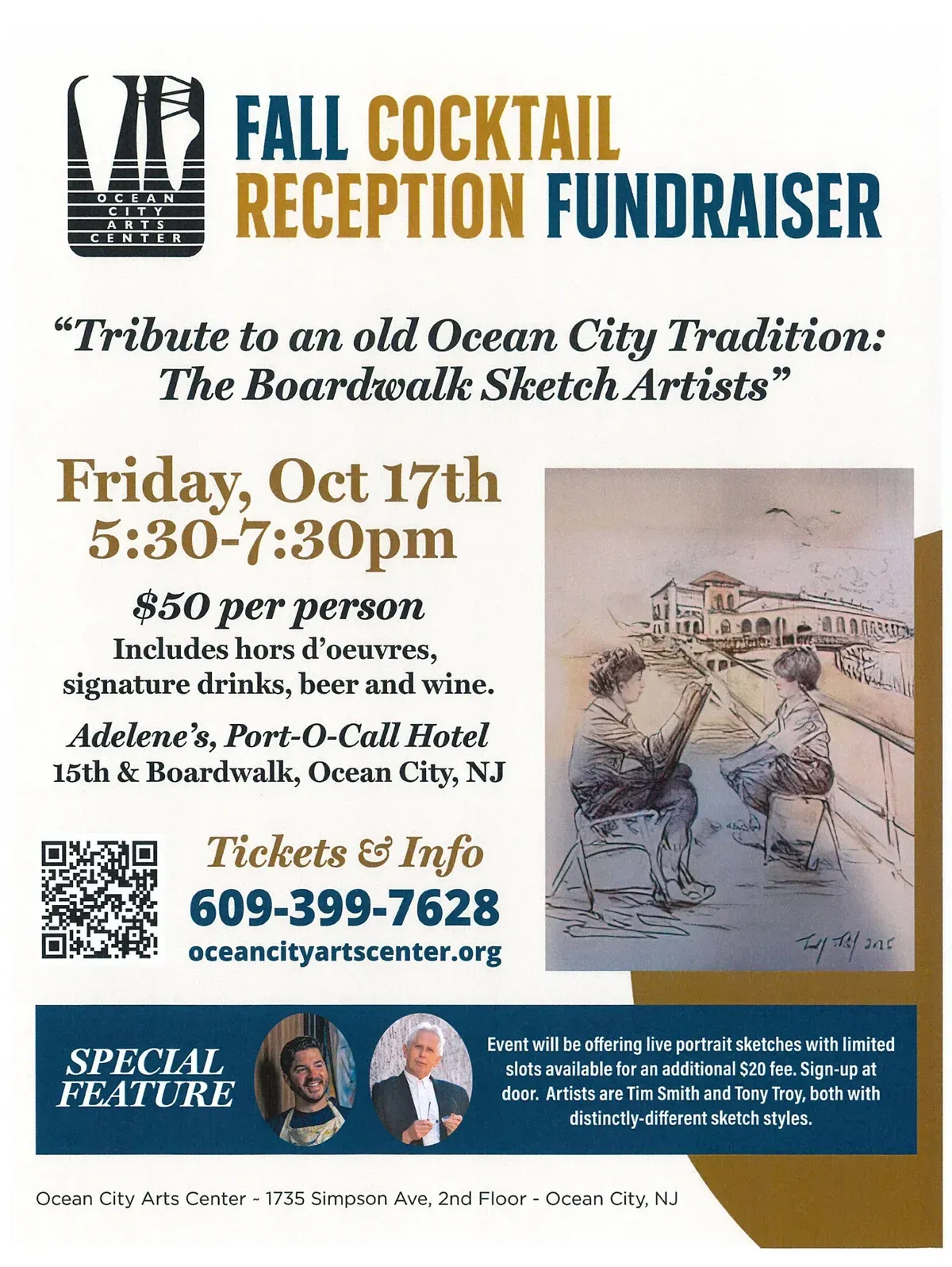 Poster for a fall cocktail reception fundraiser. Featuring a sketch of boardwalk artists and event details.