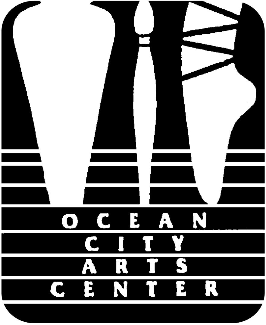 Ocean City Arts Center logo: a vase, paintbrush, and pottery form; black and white text.