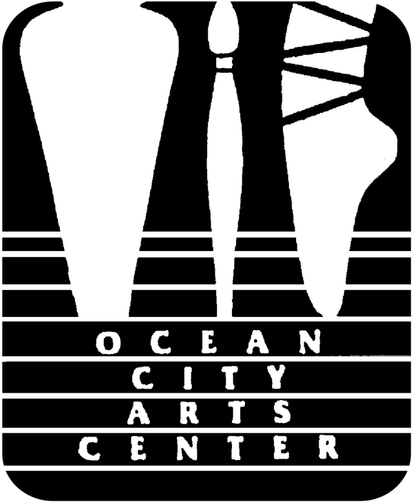Ocean City Arts Center logo: a vase, paintbrush, and sculpture in black and white.