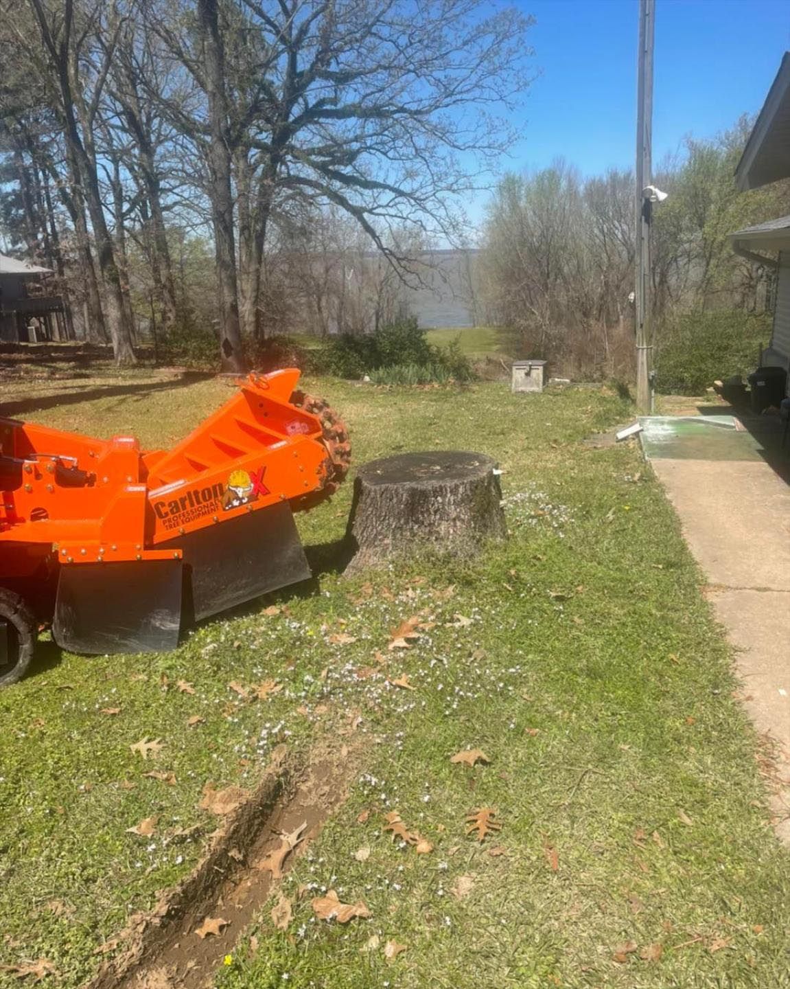 A stump grinder is sitting next to a tree stump in a yard.