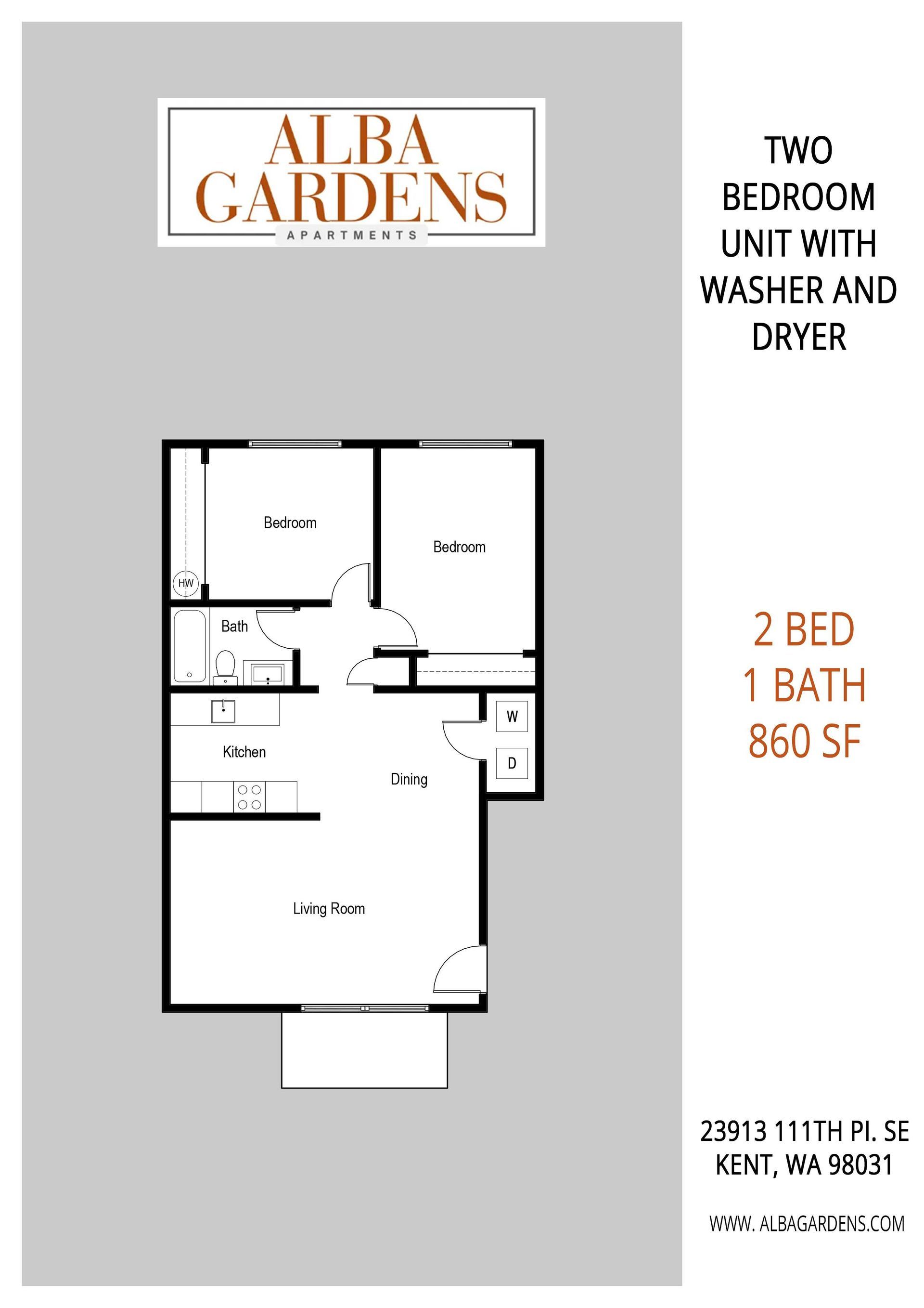 Floor plan for an 860 square foot, two-bedroom, one-bath apartment at Alba Gardens in Kent, Washington.