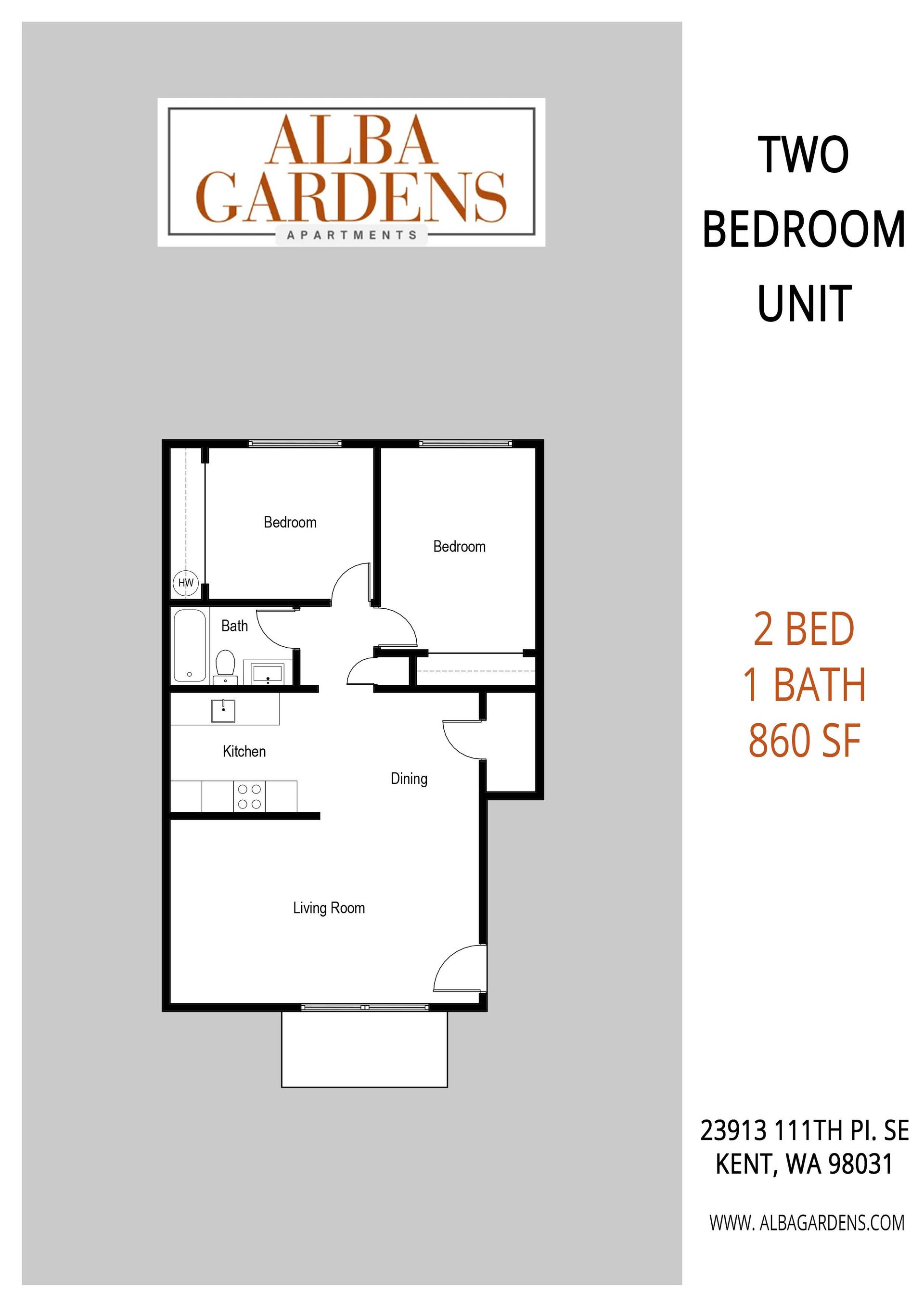 Floor plan for an 860 sq. ft. two-bedroom, one-bathroom apartment at Alba Gardens in Kent, WA.