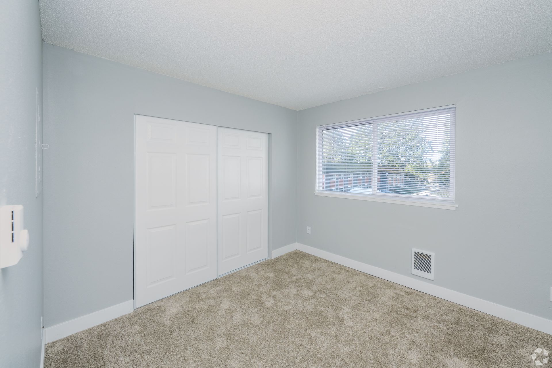 Spacious bedroom with window and closet