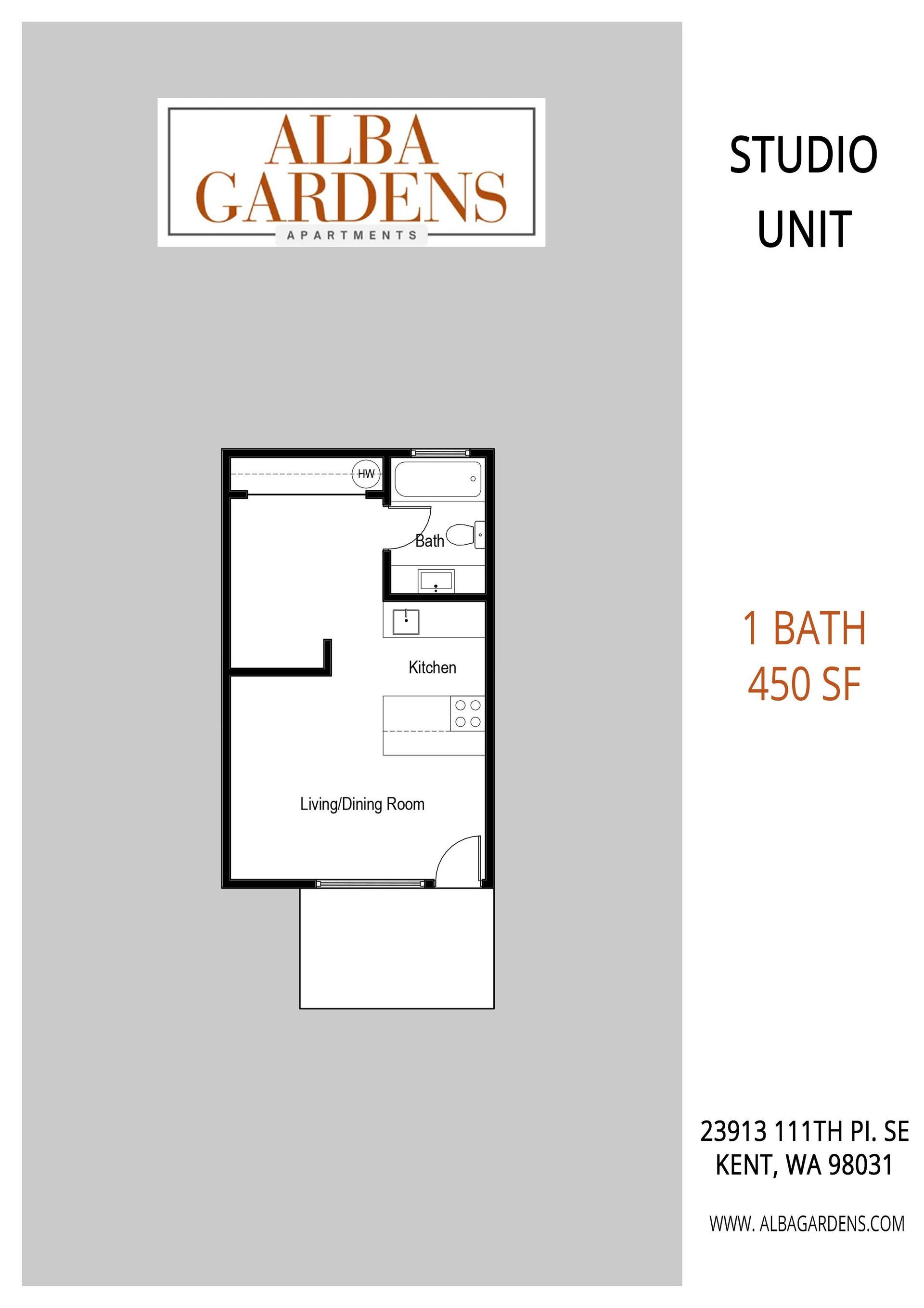 Floor plan for a 450 sq. ft. studio unit at Alba Gardens in Kent, WA, featuring one bathroom.
