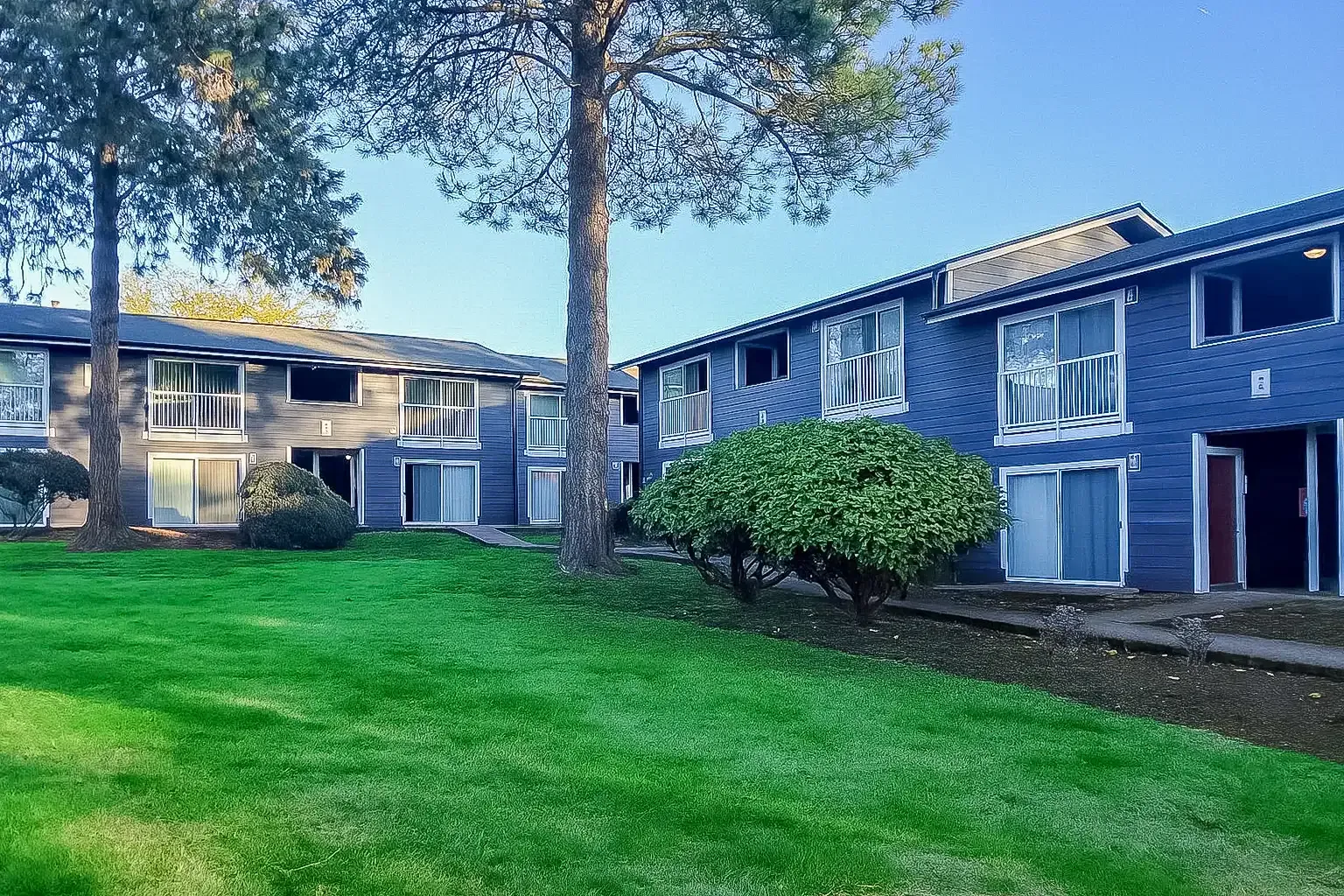 Two multi-story apartment buildings with blue siding stand side-by-side next to a large lawn and tall trees.