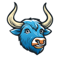 Blue bull head with tan horns and nose, white eyes, smiling.