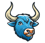 Blue bull head with tan horns and nose, white eyes, smiling.