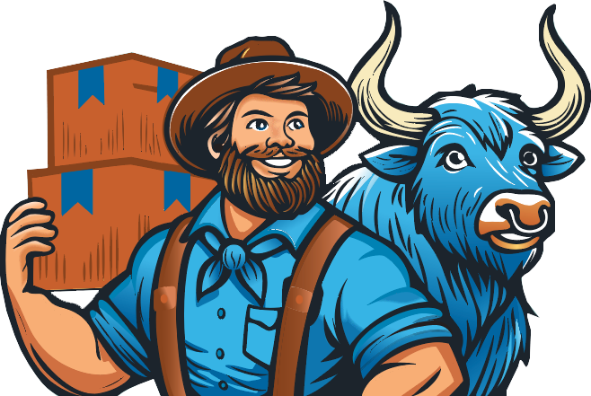 Man with beard and hat carries boxes, blue bull beside him.