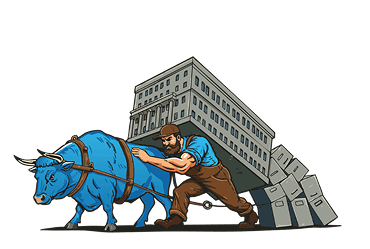 A blue ox pulls a building; a muscular man pushes with boxes.