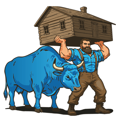 A muscular man carries a wooden house on his shoulders next to a blue ox.