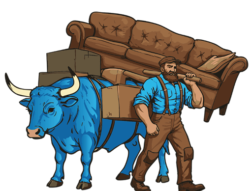 A blue bull and a man carrying furniture. The man carries a sofa, the bull carries boxes.