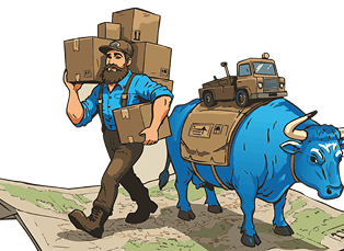 A man carries boxes, walking with a blue ox carrying a truck on its back, over a map.