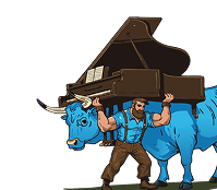 A blue bull and a muscular man lifting a grand piano together.