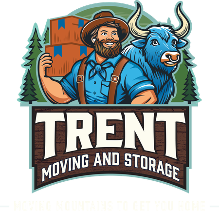 Logo for Trent Moving and Storage: Man with boxes and bull.