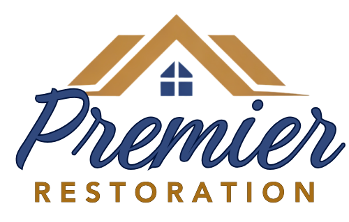 Logo of a house within blue water and orange flames; 