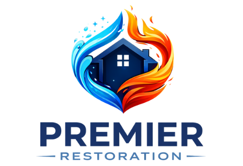 Logo of a house within water and fire, with the text 