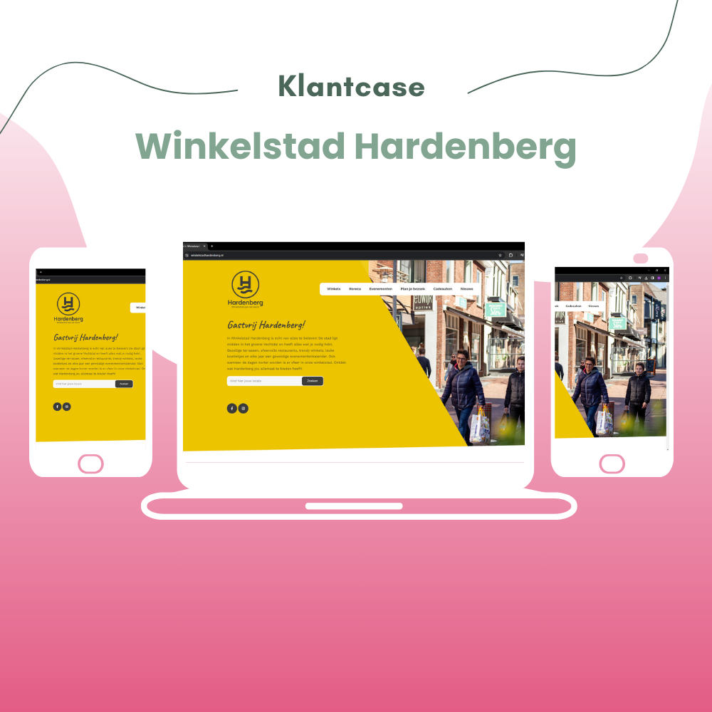 Een laptop een telefoon en een tablet worden getoond met de website winkelstad hardenberg