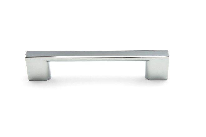 A chrome cabinet handle on a white background.