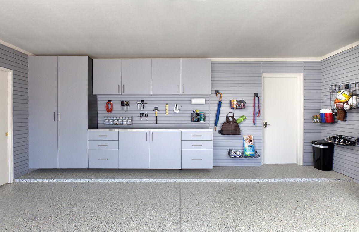 Silver Cabinets and Slatwall Organizers