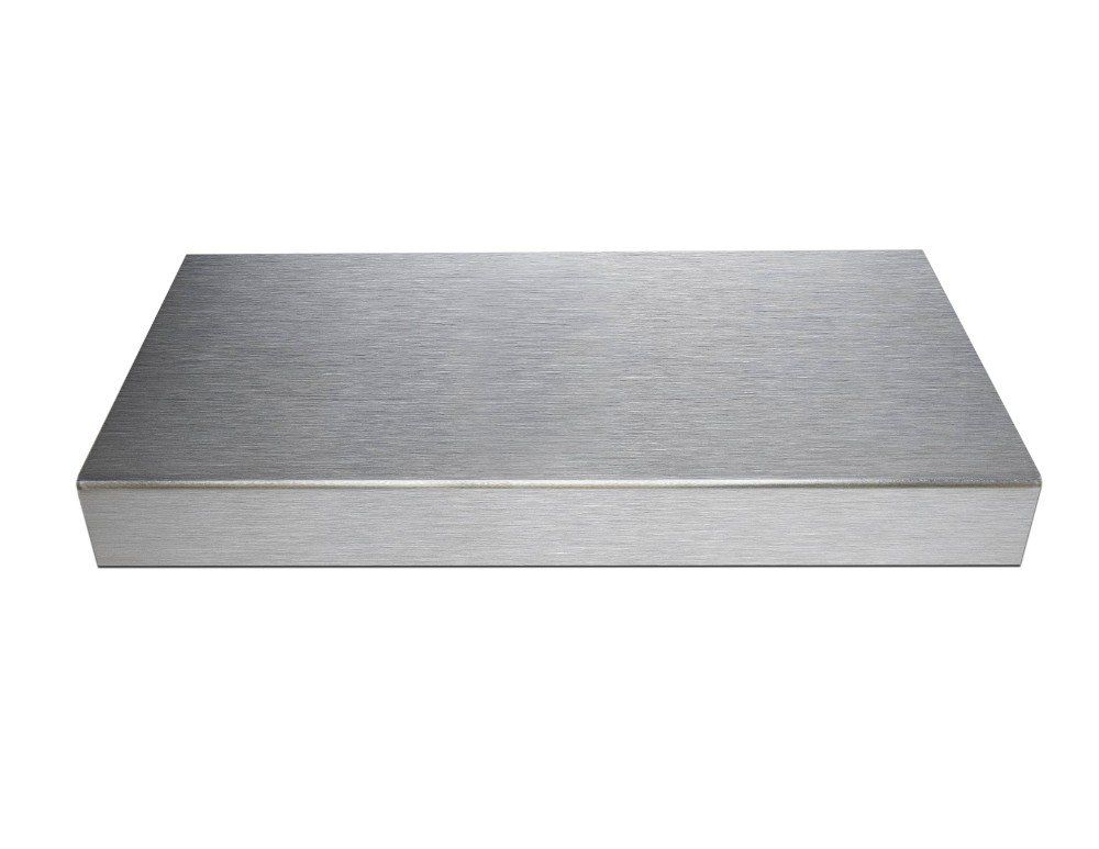 A stainless steel box is sitting on a white surface.