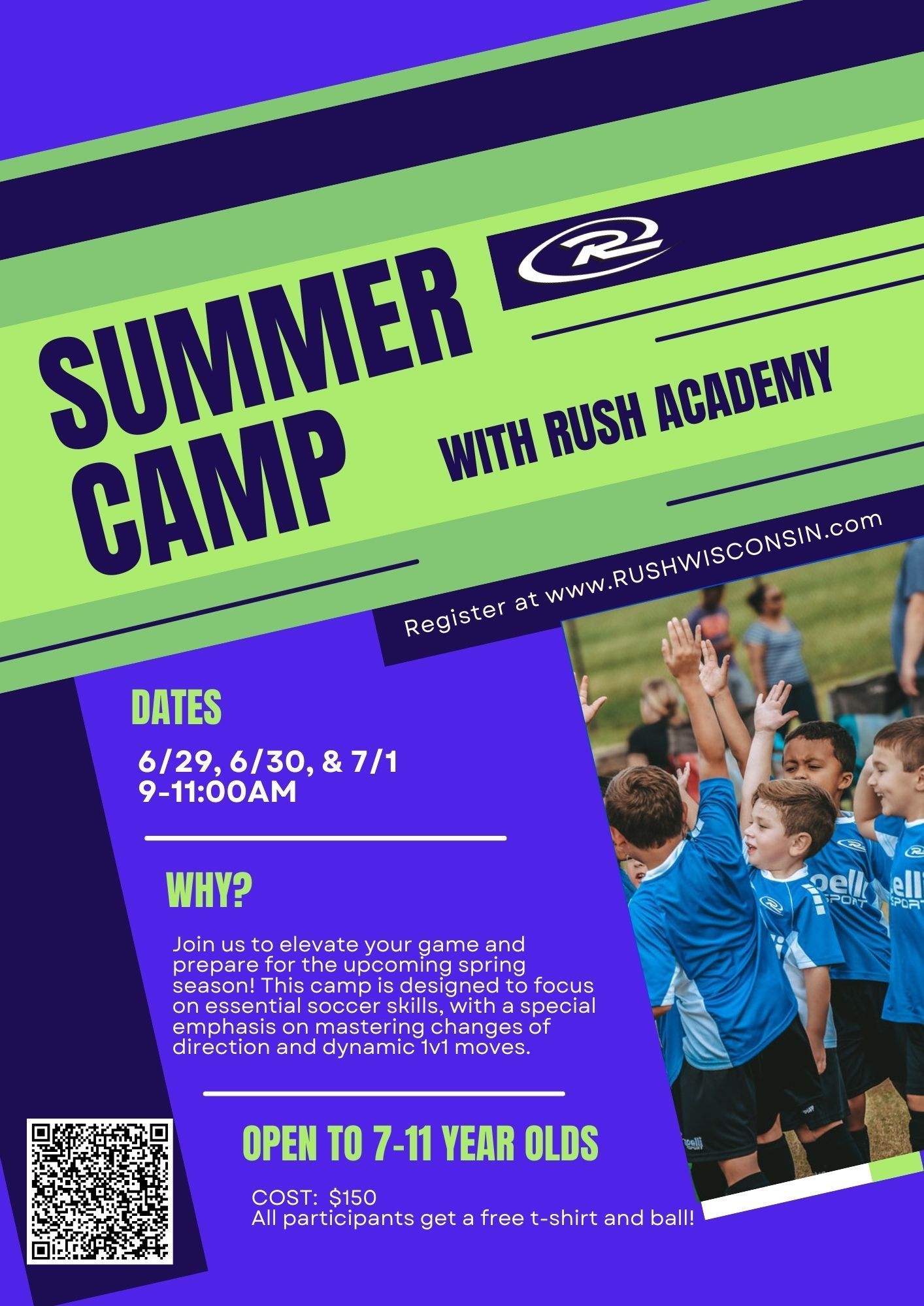 Soccer camp flyer with kids. Dates, location, and age group are included, along with registration information.