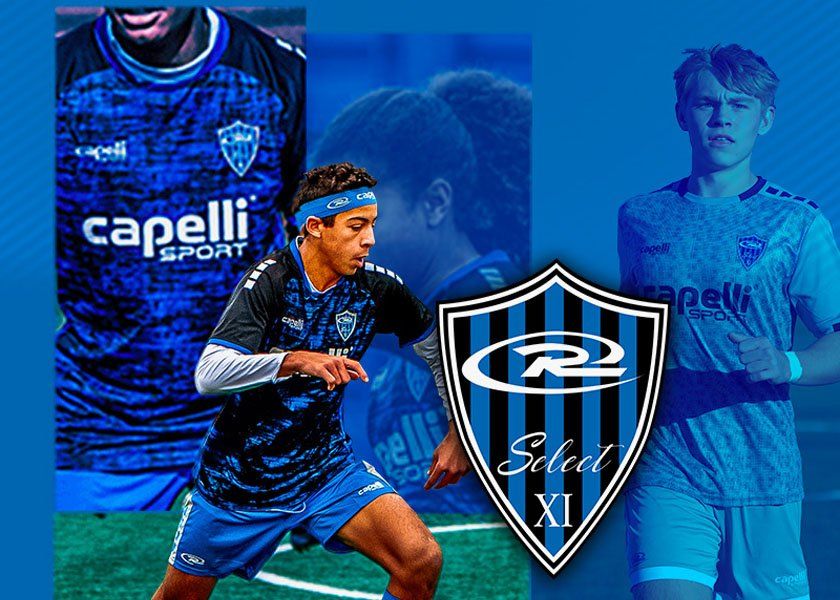 Soccer players in blue jerseys, logo with black and blue stripes, Capelli Sport logo.
