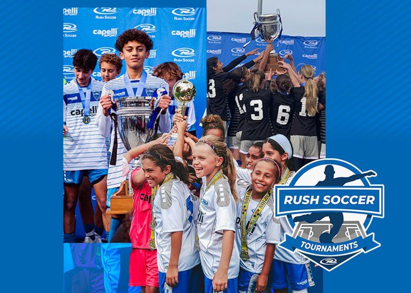 Soccer teams holding trophies. Boys and girls in blue and white jerseys celebrate their wins.