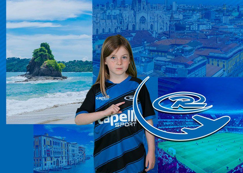 Girl in soccer jersey pointing; travel-themed background with beach, cityscapes, and logo.