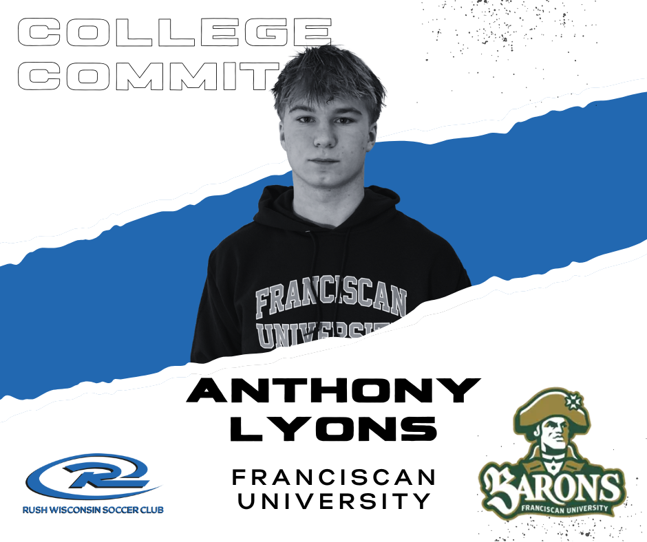 College commitment graphic. Anthony Lyons, Franciscan University. Blue and white background.