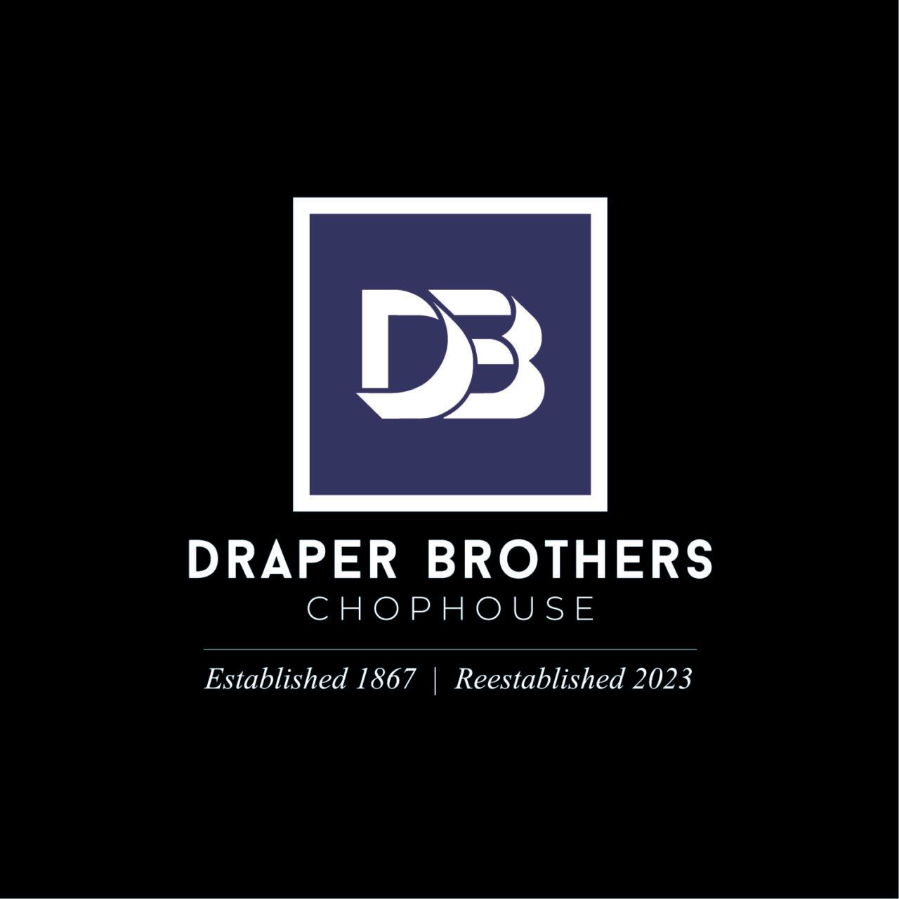 Logo for Draper Brothers Chophouse. White initials DB inside a blue square on a black background.