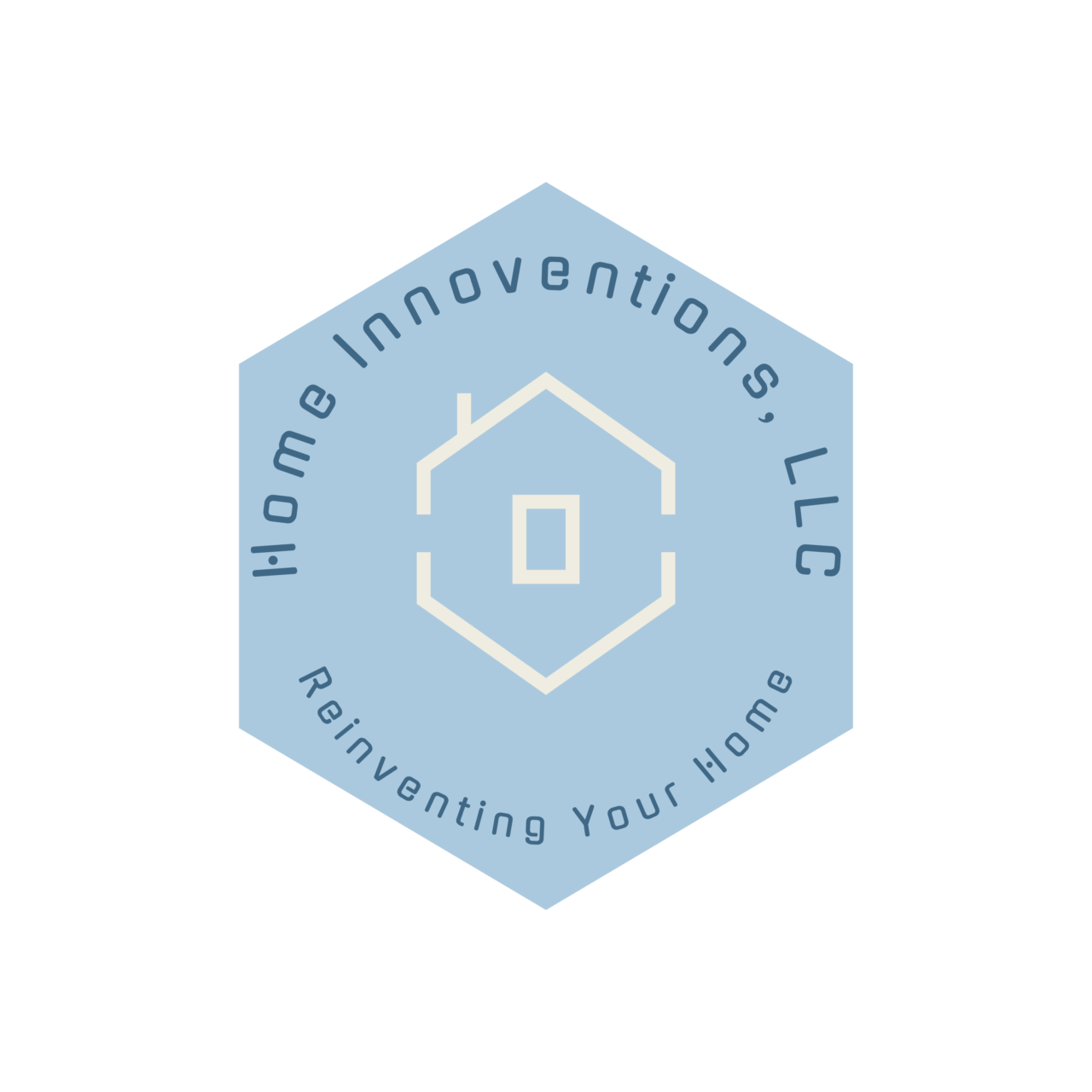 Logo for Home Innovations, LLC, a blue hexagon with a house icon and text: 