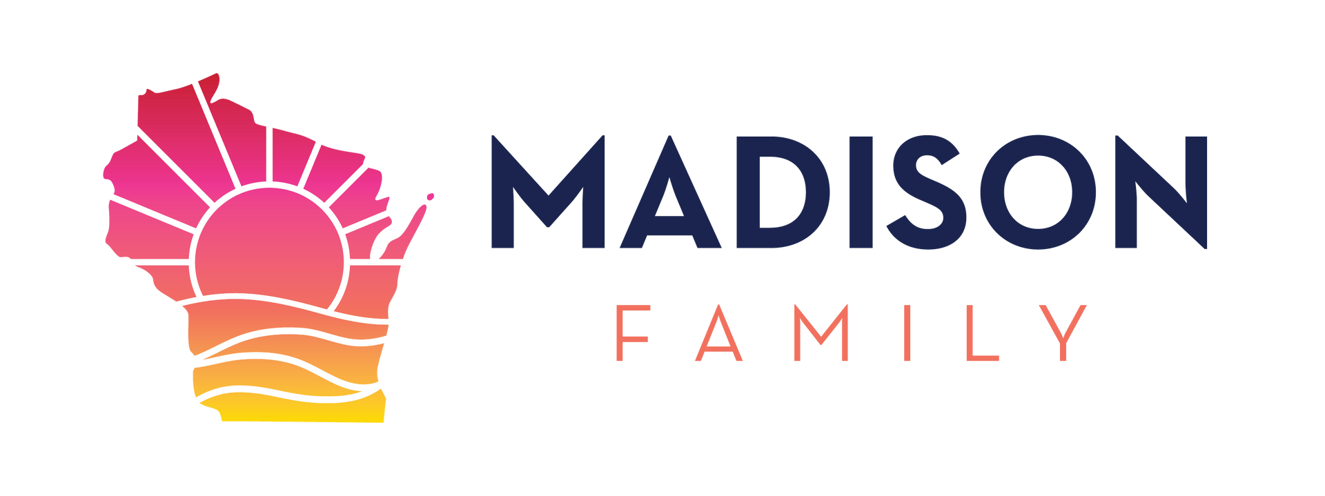 Logo with a Wisconsin outline containing a sunset, and text 