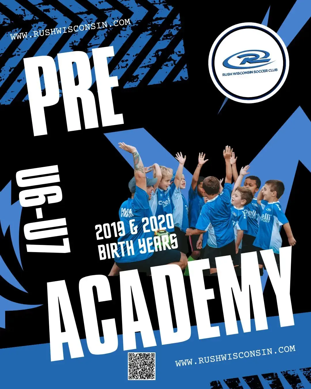 Flyer for a youth soccer academy. Blue and black design with kids in soccer uniforms. Text highlights 2019-2020 birth years.