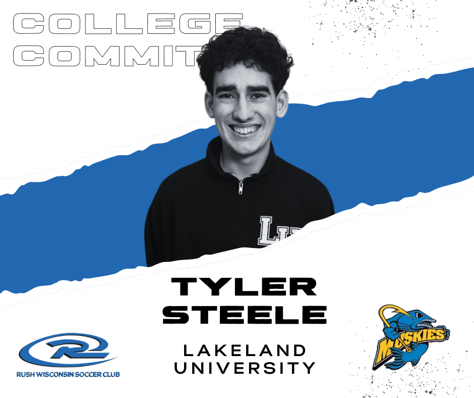 Tyler Steele smiles, college commitment announcement; Lakeland University, blue and white graphics.
