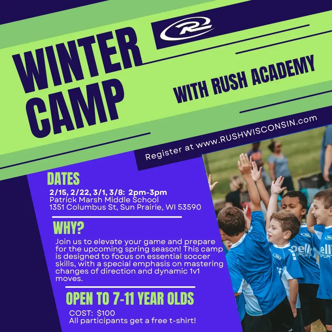 Soccer camp flyer with kids. Dates/location listed. Ages 7-11. Includes cost and registration info.