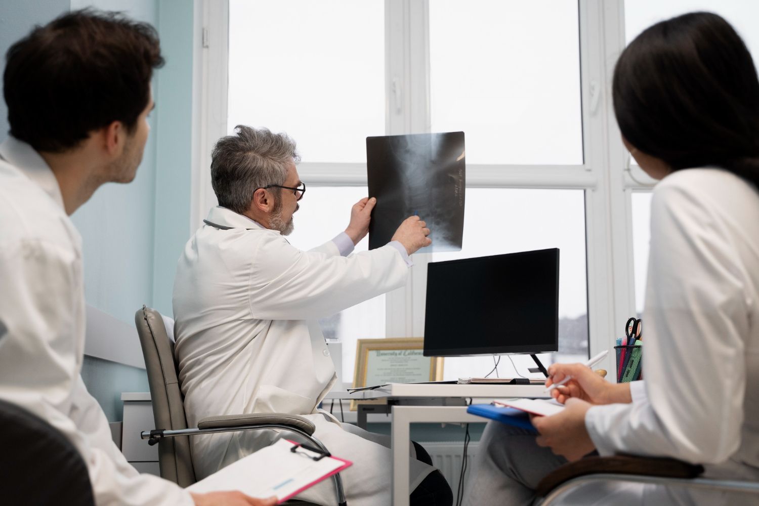 Doctors examining an X-ray in a medical office, pointing at it, taking notes, and discussing.