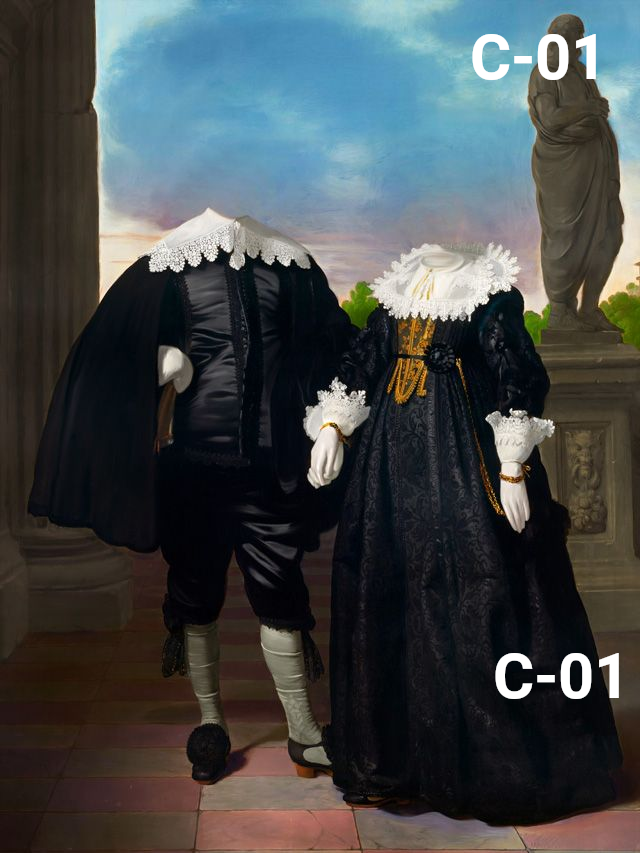 Two cats, one tabby and one Siamese, dressed in Renaissance-style clothing, posing against a dark backdrop.