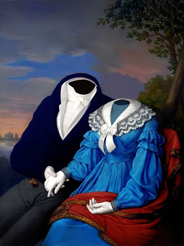 Couple in period clothing, headless, holding hands, seated beneath a tree, against a sunset sky.