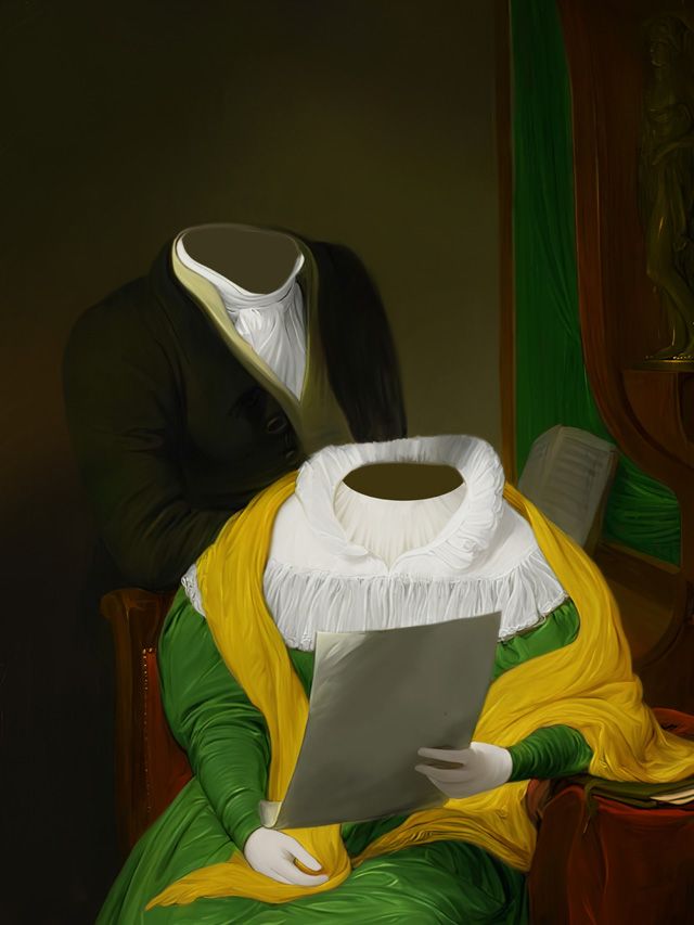 Man in black coat stands behind woman in green dress, both headless. Woman holds paper.