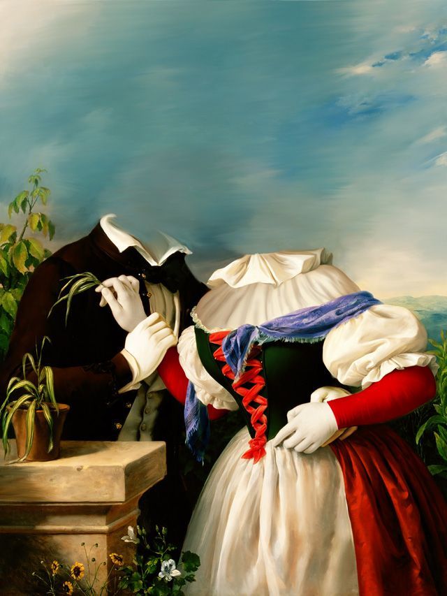 A couple in formal attire, missing heads, embrace outdoors. One holds plant pot, blue sky backdrop.