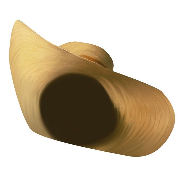 Wooden sun hat with wide brim, casting a dark shadow.