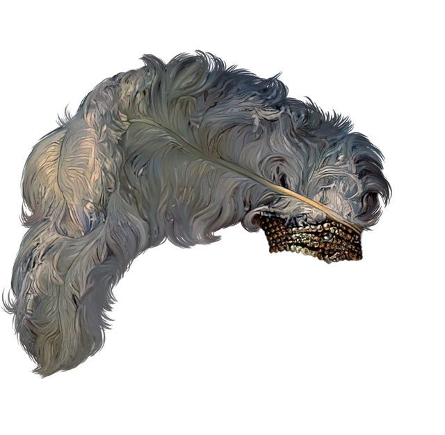 Gray feather plume with gold band, likely a historical accessory.