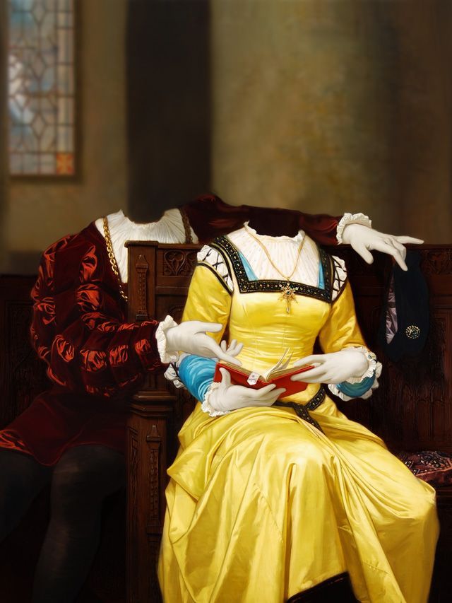 Couple in medieval attire seated, headless. Woman in yellow dress holding a book; man's arm around her.