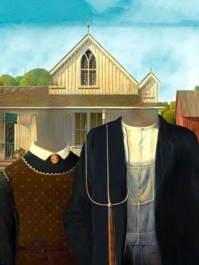 American Gothic painting with a house in the background and outlines of a couple, without faces.